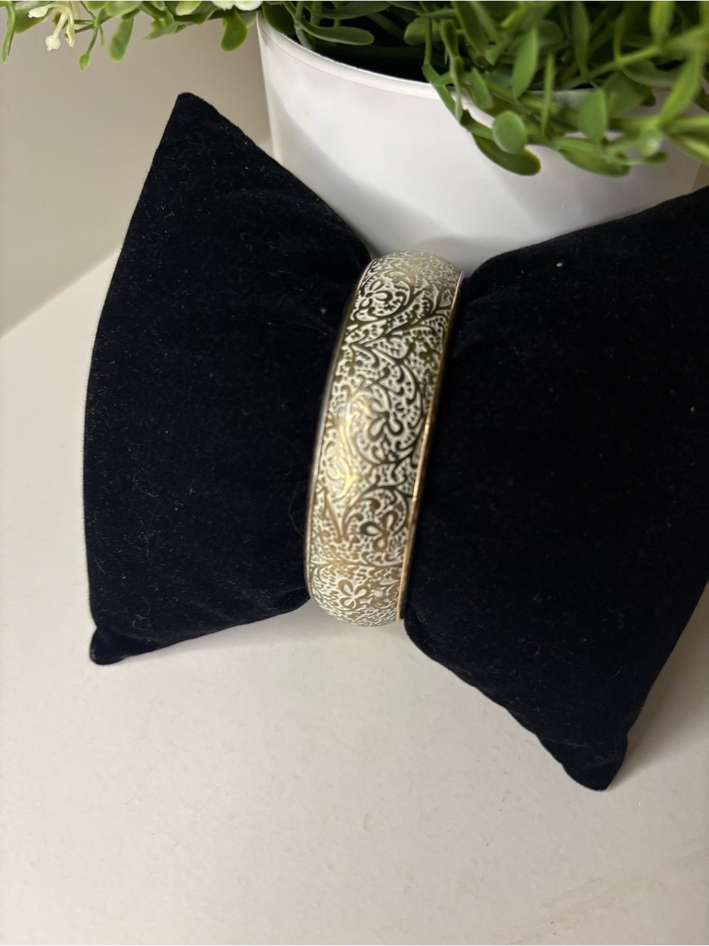 Vintage White Gold Tone Floral Etched Brass Bangle Bracelet Boho Chic